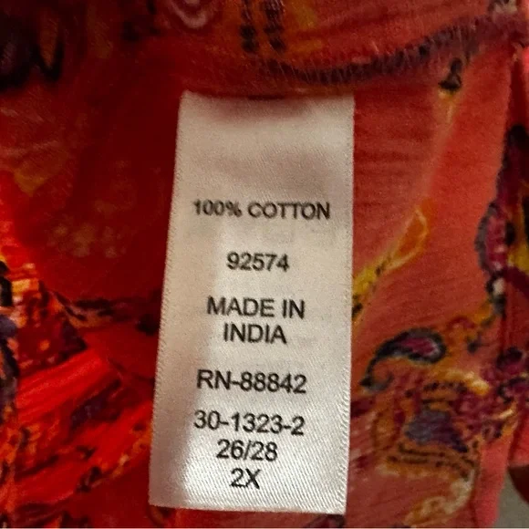 Woman Within |  100% Cotton Coral Colored Tunic with Paisley Print, Size 2X - Picture 5 of 6